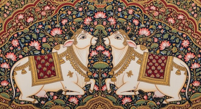 Intricate Indian Miniature Painting of Two Sacred Cows Adorned with Rich Textiles.