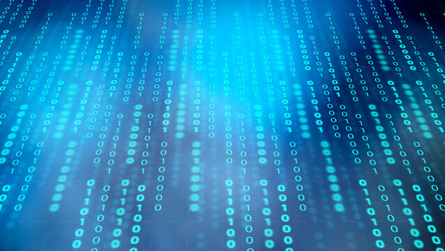 Abstract blue digital background featuring streams of falling binary code representing data transfer, computer science and high-tech network security. Concept of programming or technology digital data