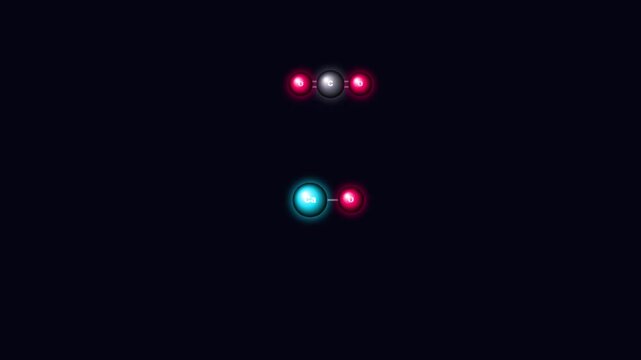 Chemical reaction animation between carbon dioxide and calcium oxide forming calcium carbonate with glowing atoms against a dark background motion graphic loop