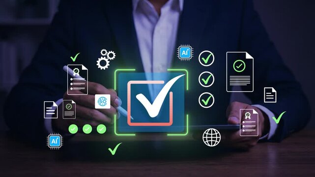 Quality checklist and certification verification concept with business professional using digital system in office during work process to ensure compliance standards improve performance and service
