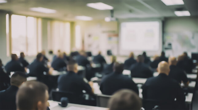 Blurred image of a group of police officers sitting in a classroom during a lecture in front of a screen