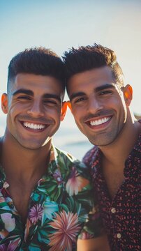 Two young men wearing colorful tropical Hawaiian shirts smile brightly at the camera during a sunny summer day, their genuine happiness and friendship radiating through their matching expressions.