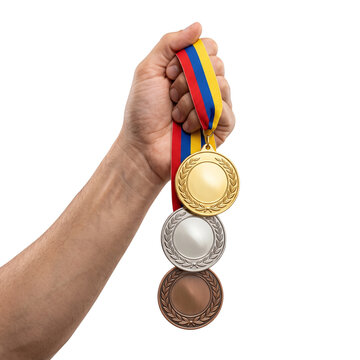 Hand Holding Gold Silver Bronze Medals on Ribbon Isolated Transparent Background