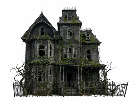 Old abandoned victorian haunted house with broken windows and overgrown moss isolated on white background