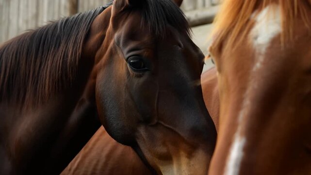 Dark bay horse subtly lowers its head beside chestnut horse with white blaze inside wooden stable, both filling softly lit close-up composition with warm brown tones