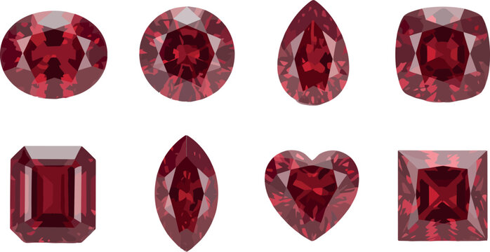 Red gemstone and luxury ruby crystal vector set featuring various classic jewelry facet cuts isolated on white background