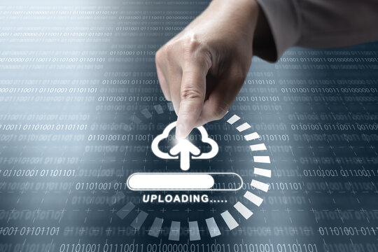 Business hand touching virtual cloud upload icon with progress bar on a blue binary code background. Concept of cloud computing storage and digital storage technology