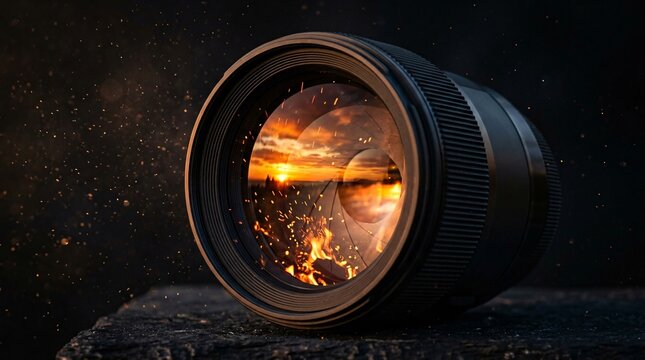 Macro of professional DSLR camera lens reflecting golden sunset and glowing embers, dark moody background with floating dust motes.
