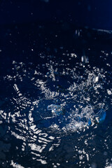 Water splash explosion and scattered tiny droplets on dark blue fluid background. High speed action. © Komkrit