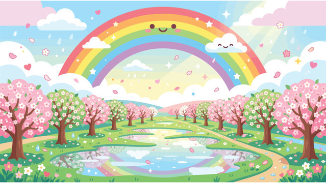 Cute pastel vector illustration of a spring orchard blossom landscape with a smiling rainbow, pink cherry trees, and a reflective pond.