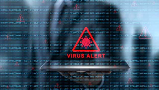 Businessman holding a digital tablet showing a red virus alert warning on a background of binary code. Concept of Technology Security