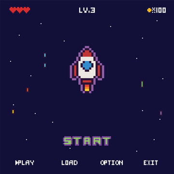 Pixel space shooter game interface with a rocket ship, level indicator, health hearts, score counter, and menu options at bottom