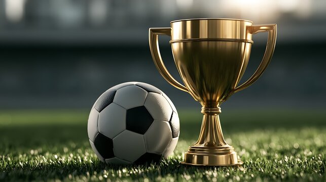 Soccer ball and gold trophy on green grass field