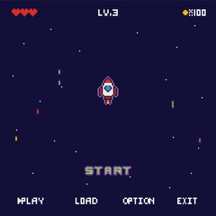 Naklejka premium Pixel space shooter start screen with rocket ship, level indicator, health hearts, score counter, and game menu options at bottom