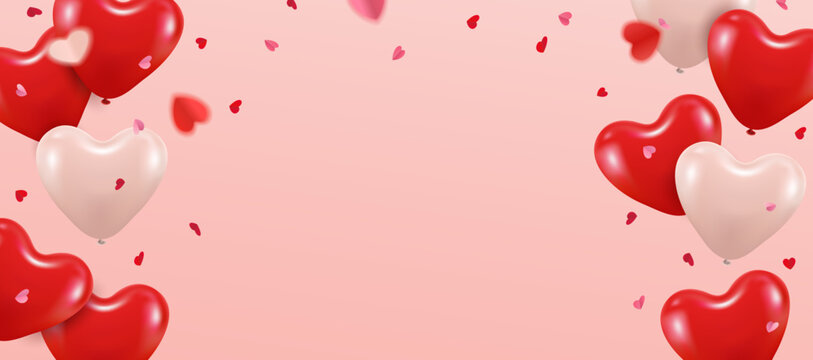 Valentine's day vector banner with realistic red and beige heart shaped balloons, falling confetti and copy space