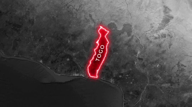 Animated map revealing glowing togo country border and flag