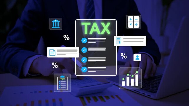 Online Tax Filing and Tax Planning Concept with Digital Accounting and Financial Technologywith icons of checklist, percentage, and finance. Concept for online tax filing, accounting, fintech, and dig