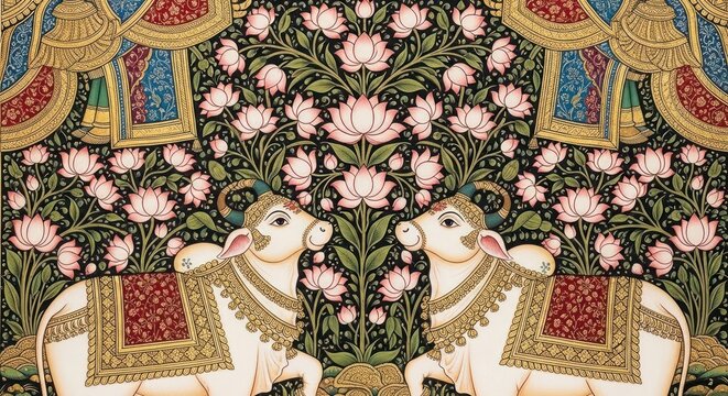 Intricate Indian Miniature Painting of Two Sacred Cows Amidst Floral Designs.