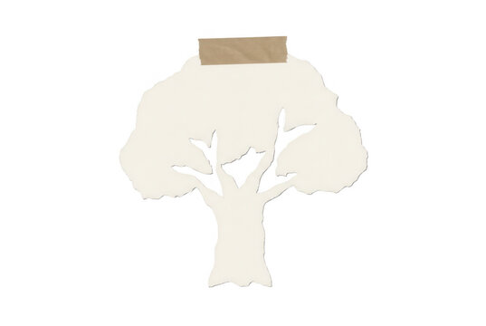 Sagoma di carta ritagliata a forma di albero con bordi irregolari fissata con un pezzo di nastro adesivo di carta su uno sfondo bianco neutro, ideale per progetti di design creativo e artigianato.
