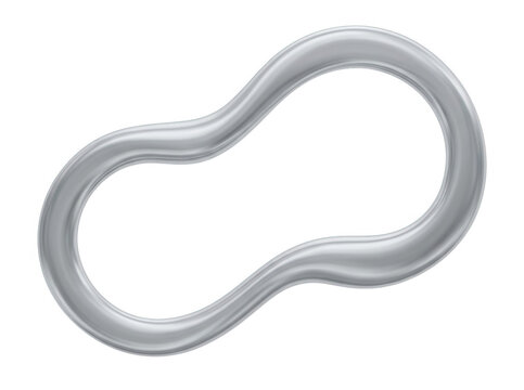 Un anello metallico grigio con una forma organica fluida e contorni lisci, isolato su uno sfondo bianco puro, ideale per design minimalista, grafica astratta o elementi di interfaccia utente moderna.