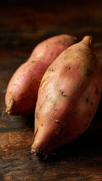 Fresh sweet potatoes on rustic wooden table highlighting natural texture