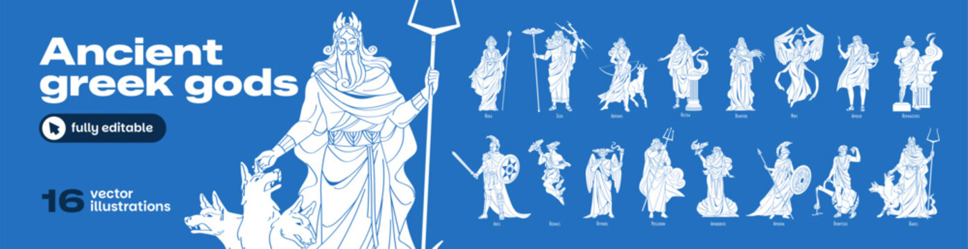 Ancient Greek gods set. Different goddess and Olympian heroes from mythology. Sketches of Zeus, Apollo, Poseidon, Aphrodite, Hera, Dionysus, Ares, Hermes. Flat isolated outline vector illustrations