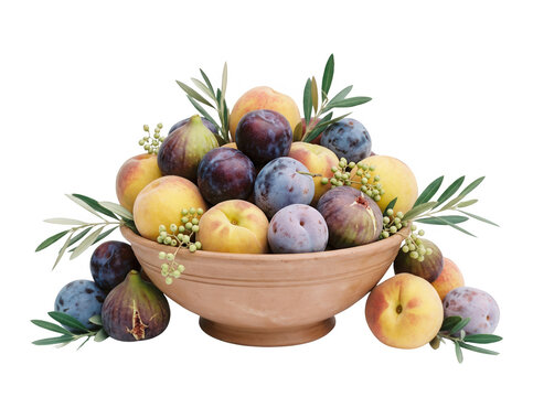Una ciotola di terracotta riempita con un assortimento di frutta fresca estiva, tra cui pesche succose, prugne scure e fichi maturi, decorata con rami di ulivo su uno sfondo bianco isolato.