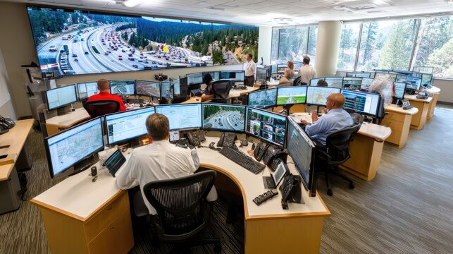 Traffic Control Center: A bustling control room where operators monitor traffic flow on a massive display wall, overseeing a busy highway junction and ensuring smooth transit