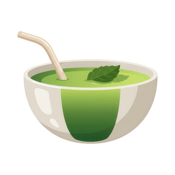Illustrazione vettoriale di una ciotola di ceramica contenente un frullato verde salutare o una zuppa di verdure, decorata con una foglia di menta fresca e dotata di una cannuccia, su sfondo bianco.