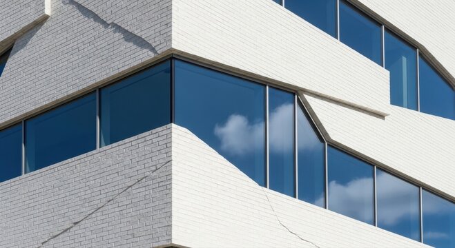 Modern architectural facade with geometric patterns and reflective windows