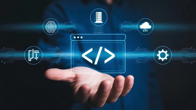Digital coding technology concept with programmer interface and software development icons