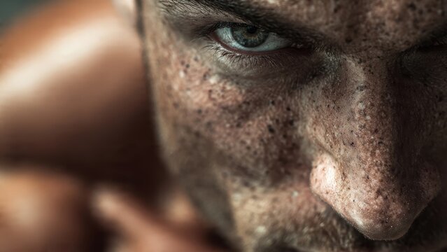 Intense gaze of determined athlete covered in sweat and dirt