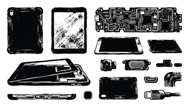 Broken tablet computer parts set, damaged disassembled electronic device, repair service, vector illustration
