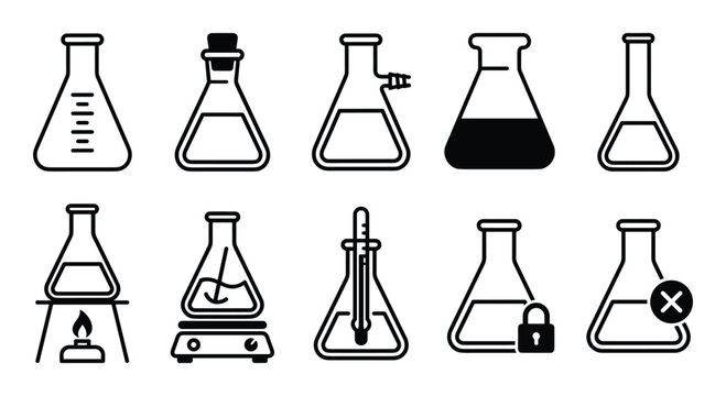 Erlenmeyer flask set, laboratory glassware research, science experiment, line art
