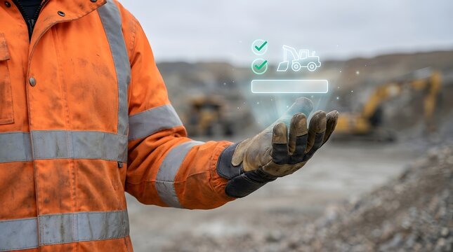 Mining engineer holding holographic vehicle fleet management interface at open pit mine with mining equipment heavy machinery heavy industry future technology