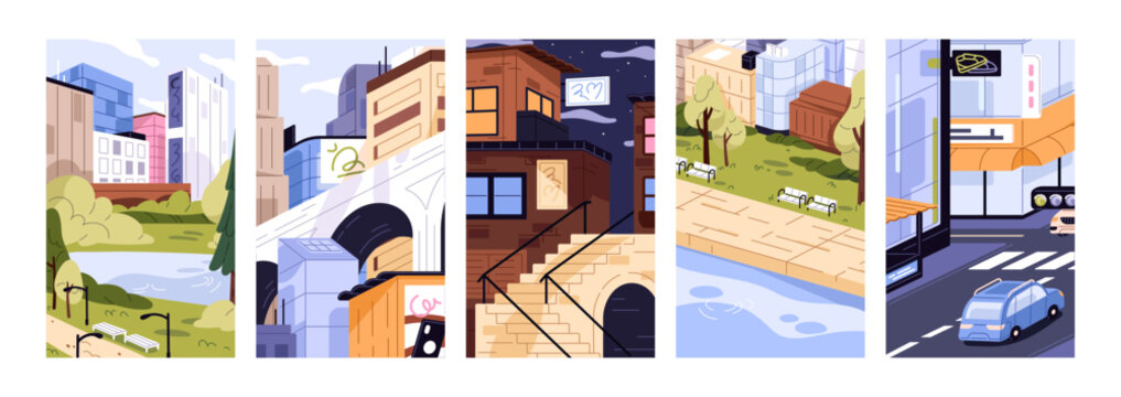 Cityscapes set. City landscapes with streets, cars, urban parks and skyscrapers. Sceneries with traffic, multi storey houses and river. Modern high rise buildings in town. Flat vector illustrations