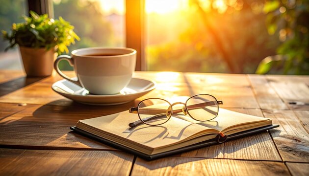 開いたノートの上に眼鏡を置いてコーヒーを楽しむ木のテーブル