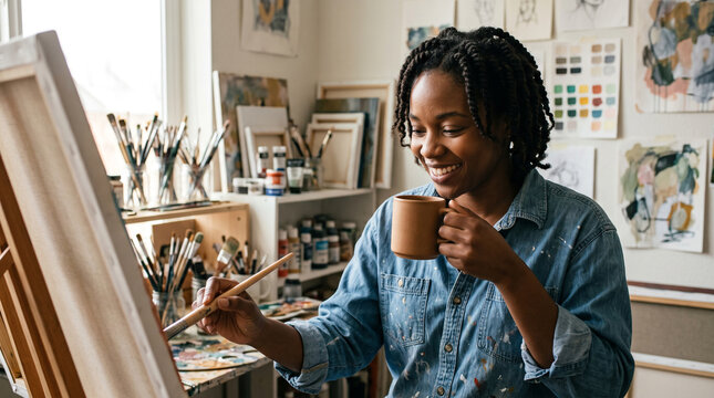 Artist painting in a naturally lit studio while enjoying a cup of coffee surrounded by brushes, canvases, and creative inspiration, International Coffee Day