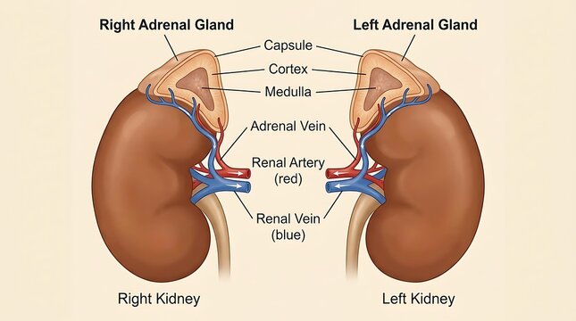 Detailed anatomical illustration of human right and left kidneys with adrenal