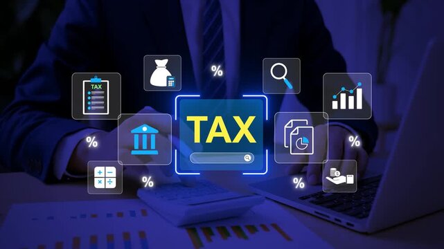 Online Tax Filing and Financial Data Analysis with Digital VAT Calculation and Accounting Concept of digital taxation system, vat calculation, and accounting with virtual icons for business compliance