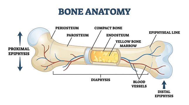 Detailed medical illustration of human bone anatomy and internal marrow