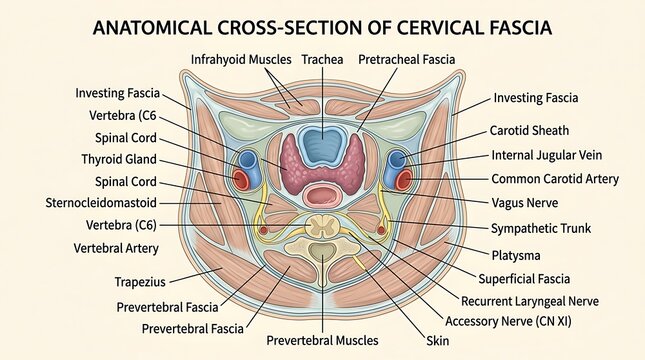 Anatomical cross section diagram of human cervical fascia with detailed labels