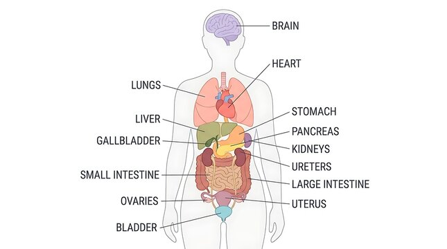 Educational diagram of human internal organs and body systems with text labels