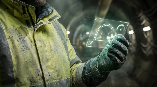 Industrial worker in yellow high visibility jacket holding transparent digital tablet with futuristic interface inside tunnel digital screen underground tunnel hi vis
