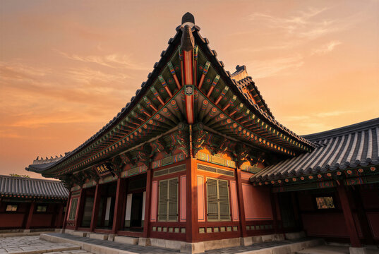 Traditional Korean palace temple roof with dancheong eave architecture in Seoul at sunset.