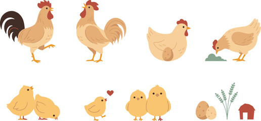Fototapeta premium Cute Cartoon Chicken Farm Vector Set Featuring Roosters, Hen Sitting on Egg, Pecking Hen, Little Yellow Chicks, and Barn Elements,