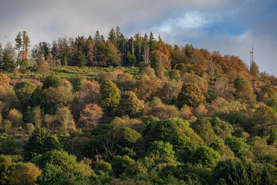 Bussang, France - 08 19 2026: Panoramic view of the Vosges forest and peaks around the village.