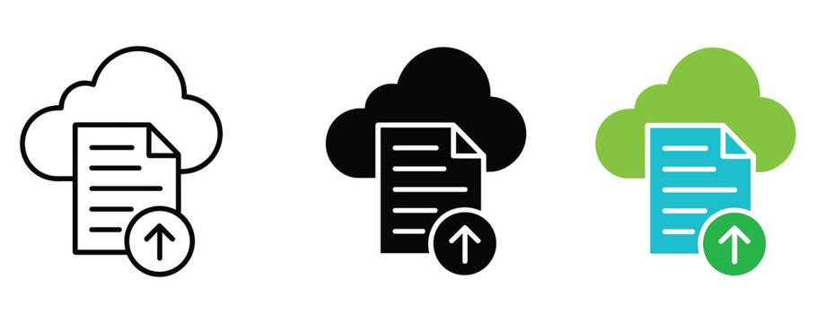 Cloud Storage Upload Icons. A set of graphic icons representing cloud storage and file upload functionality, showing different styles and color variations for digital data management.