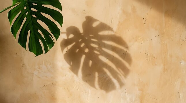 A green monstera leaf casting a shadow on a textured beige plaster wall background