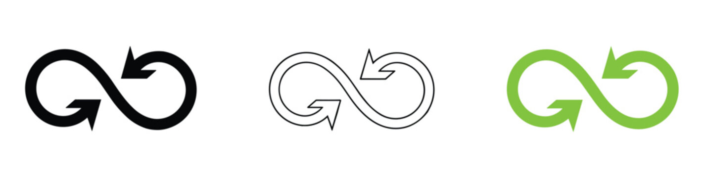 Infinity Loop Icon. Three variations of the infinity loop symbol, representing cycles, continuity, and endlessness. One is solid black, another is a thin outline, and the third is vibrant green.